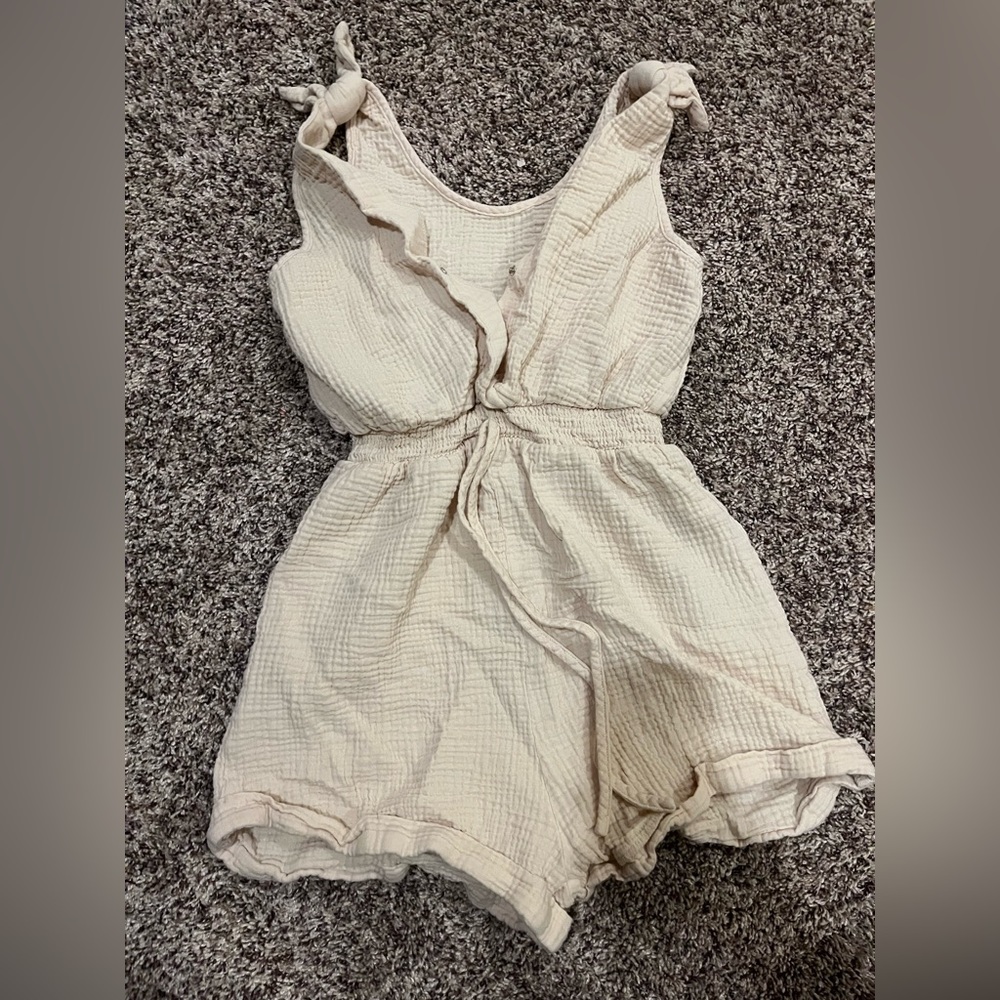 TAN V NECK ROMPER WITH TIE WAIST